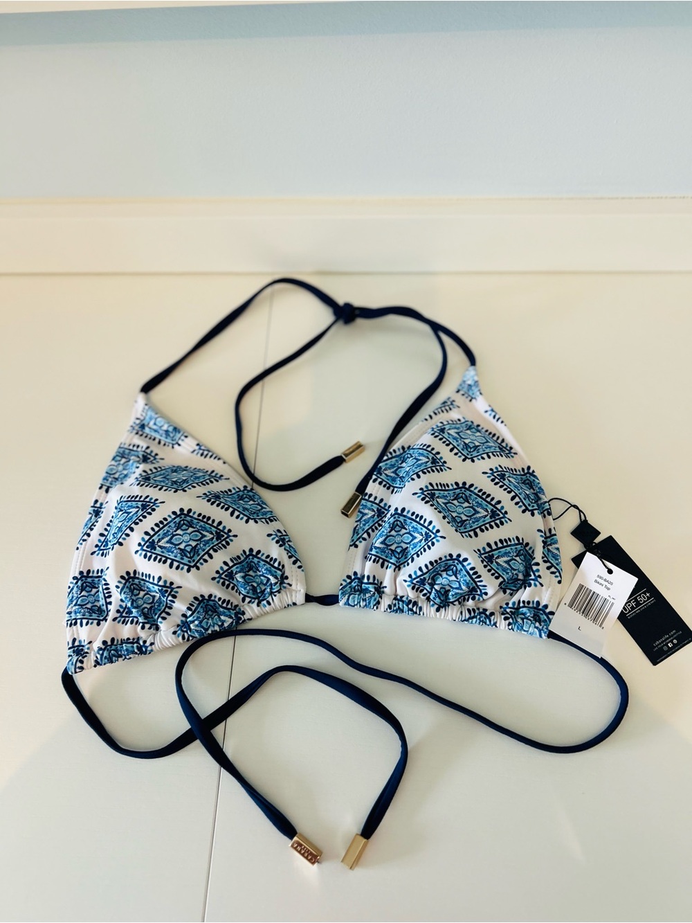 Cabana Life Blue and White Geometric Triangle Bikini Top